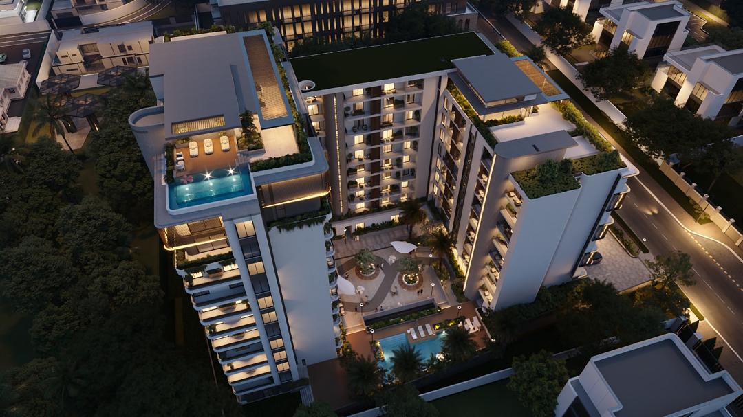 Regalia amenity deck and pool at dusk