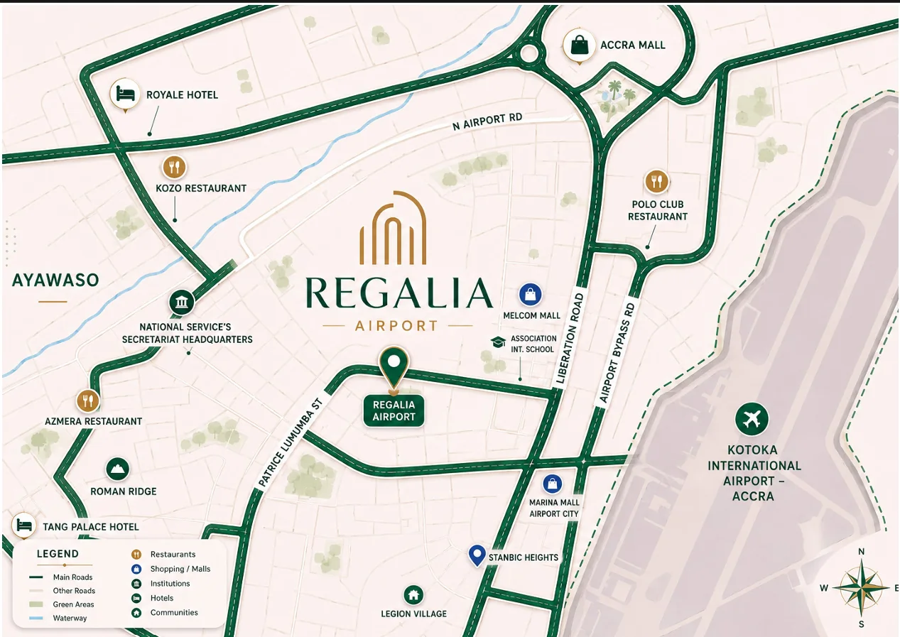 Location map of Regalia Airport, Airport Residential, Accra, showing Kotoka International Airport, Accra Mall, Marina Mall, Melcom Mall, Association International School, Tang Palace Hotel, Roman Ridge and the surrounding road network.